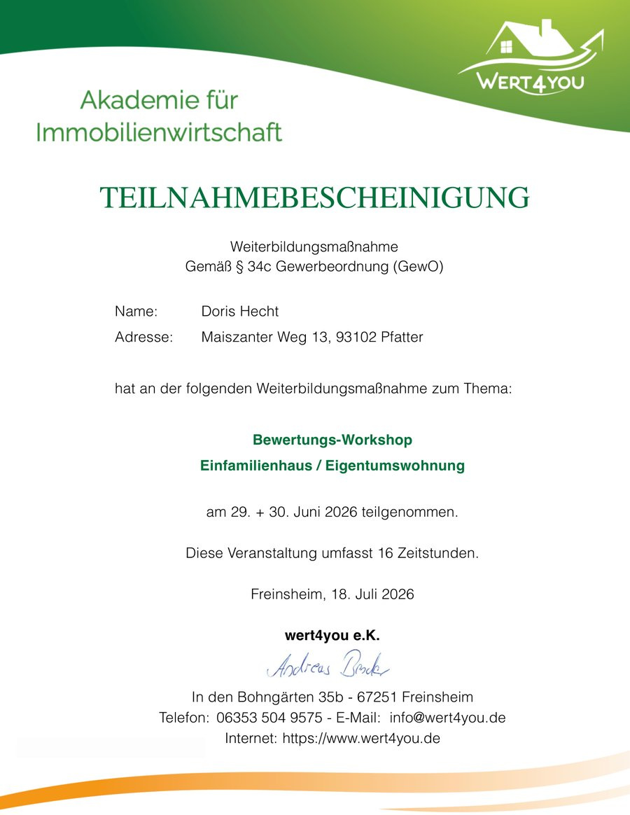 Teilnahmebescheinigung Bewertungs-Workshop Einfamilienhaus und Eigentumswohnung – Doris Hecht, 16 Zeitstunden, Juni 2026, wert4you